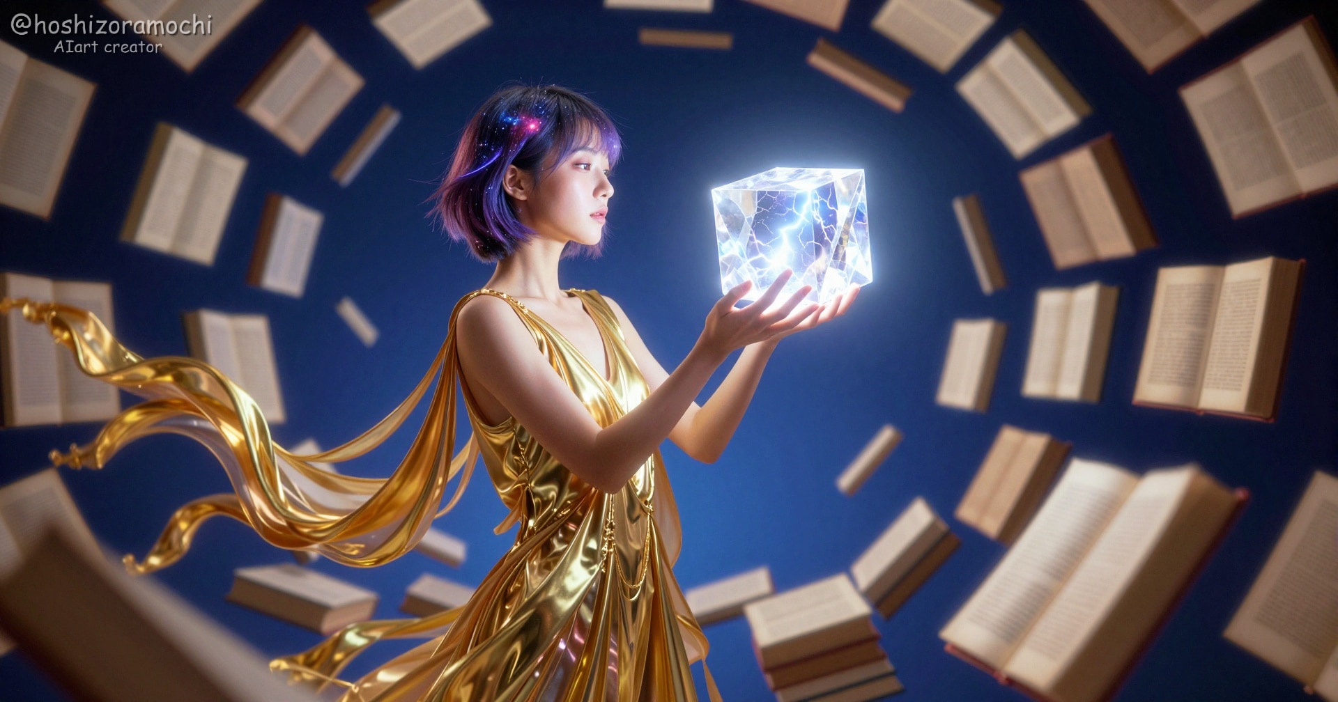 叡智の図書館：金色のドレスの少女と宙に舞う魔導書 | の人気AIイラスト・グラビア