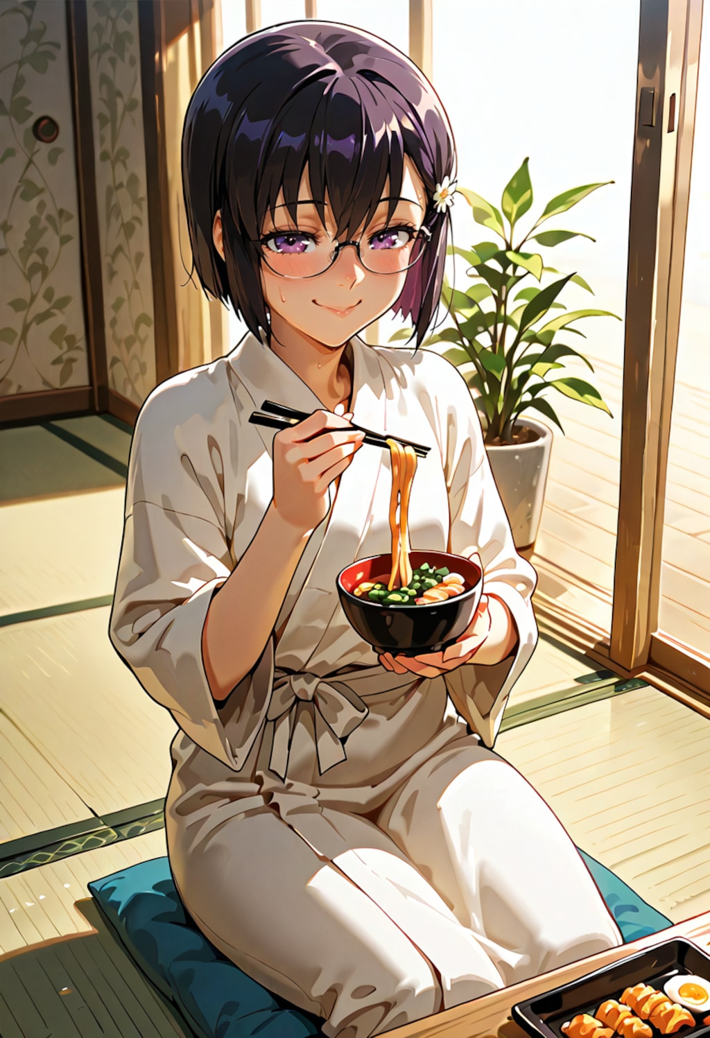 眼鏡をかけてご飯を食べるひまり