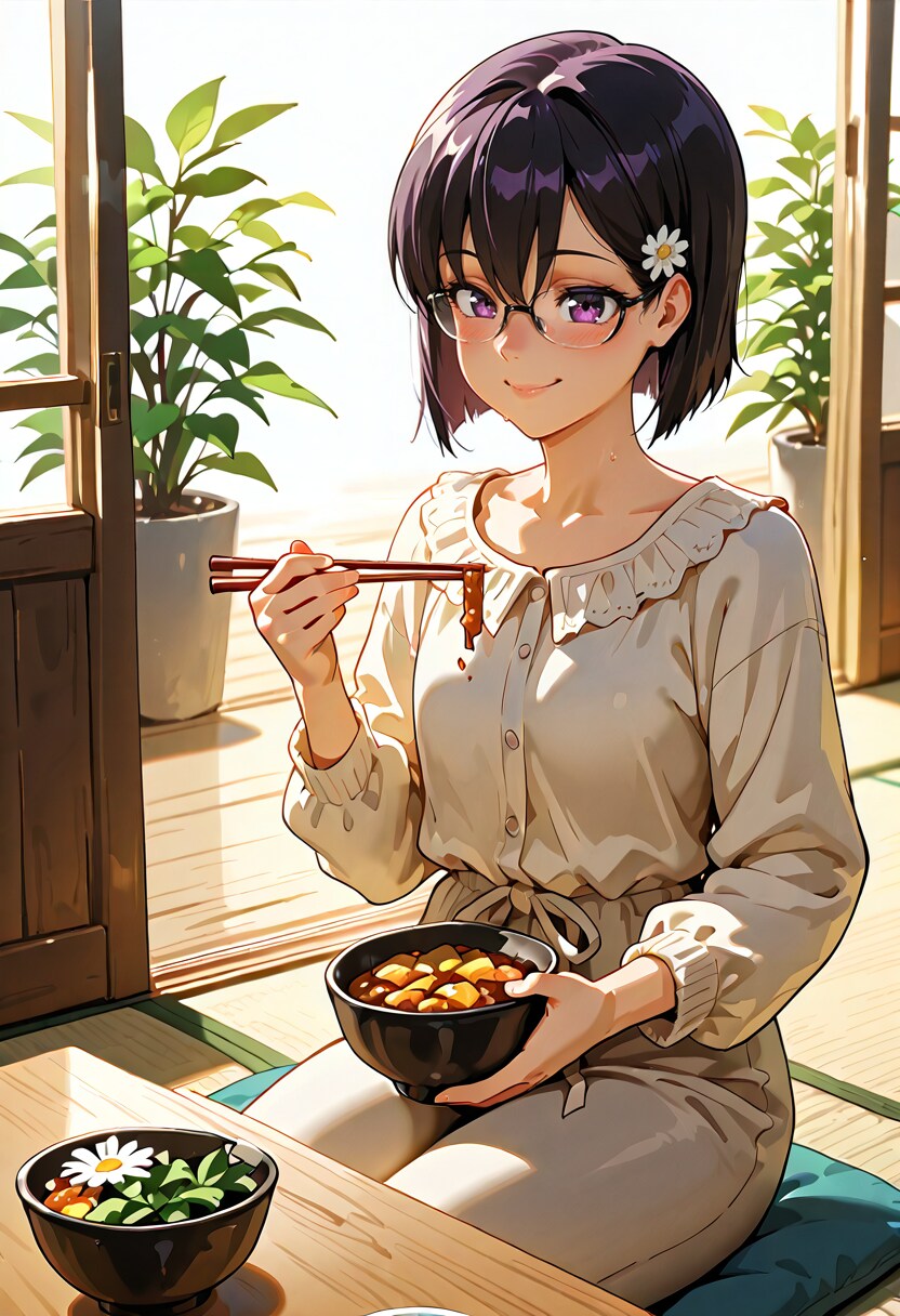 眼鏡をかけてご飯を食べるひまり | の人気AIイラスト・グラビア