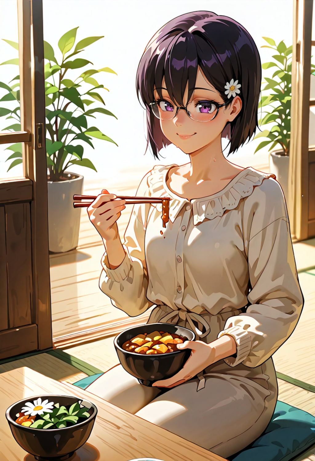 眼鏡をかけてご飯を食べるひまり