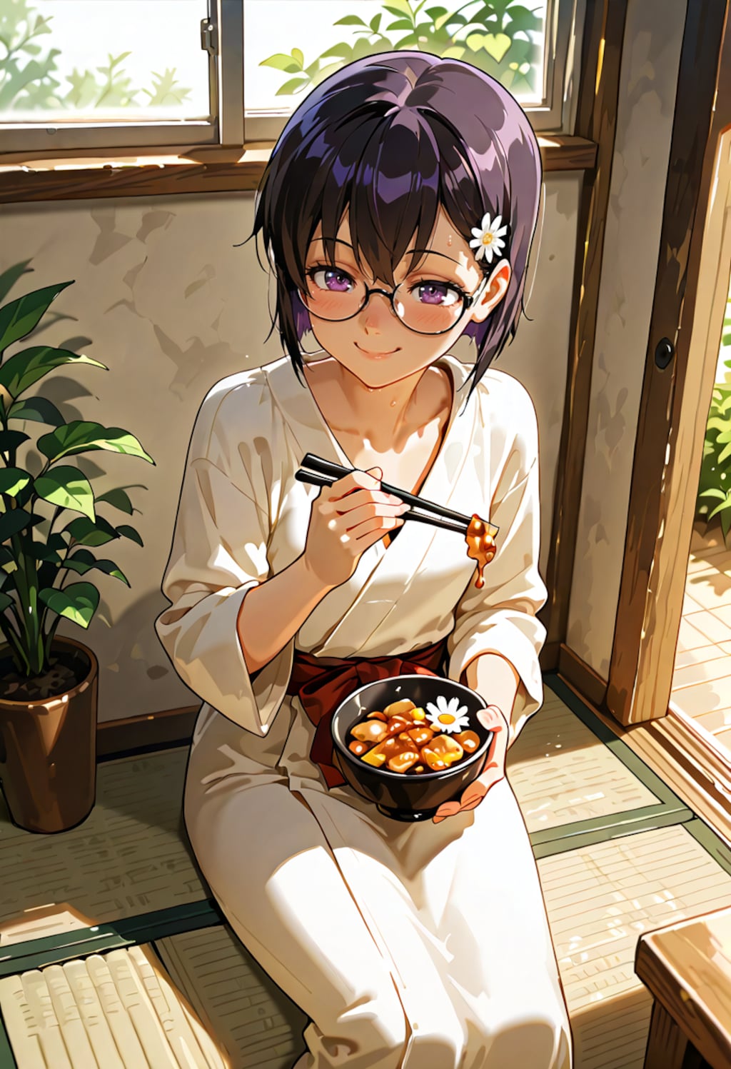 眼鏡をかけてご飯を食べるひまり