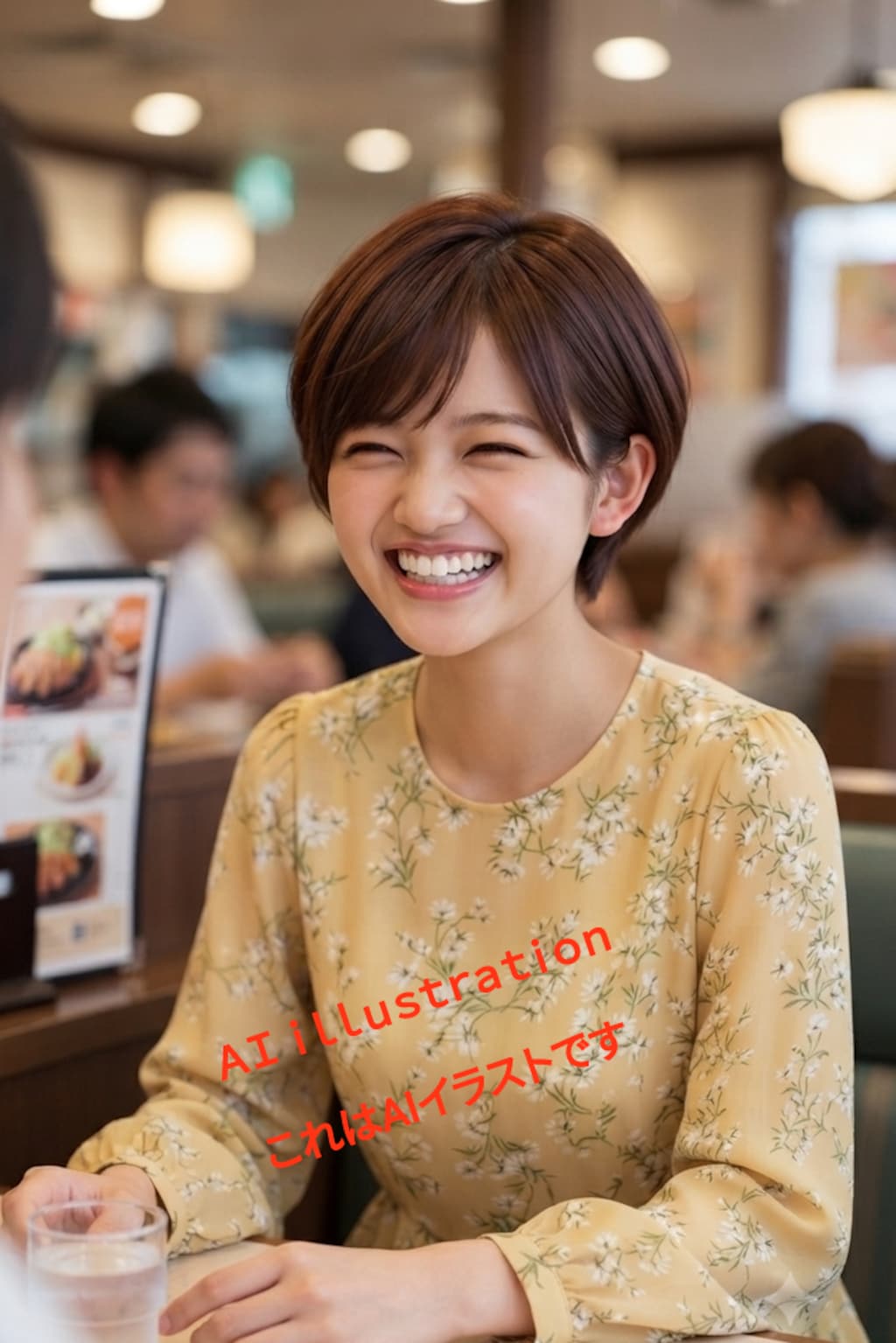 ちちぷい。 （2枚目の画像が）40いいねの記念に、昔の職場の年下の同期が髪を切ったばかりで照れてる姿をAIで描いた。 あの子、髪のことになるとすぐ顔に出るんだよ。 妄想だけどね。