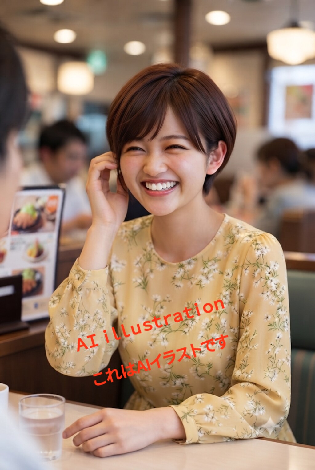 ちちぷい。 （2枚目の画像が）40いいねの記念に、昔の職場の年下の同期が髪を切ったばかりで照れてる姿をAIで描いた。 あの子、髪のことになるとすぐ顔に出るんだよ。 妄想だけどね。
