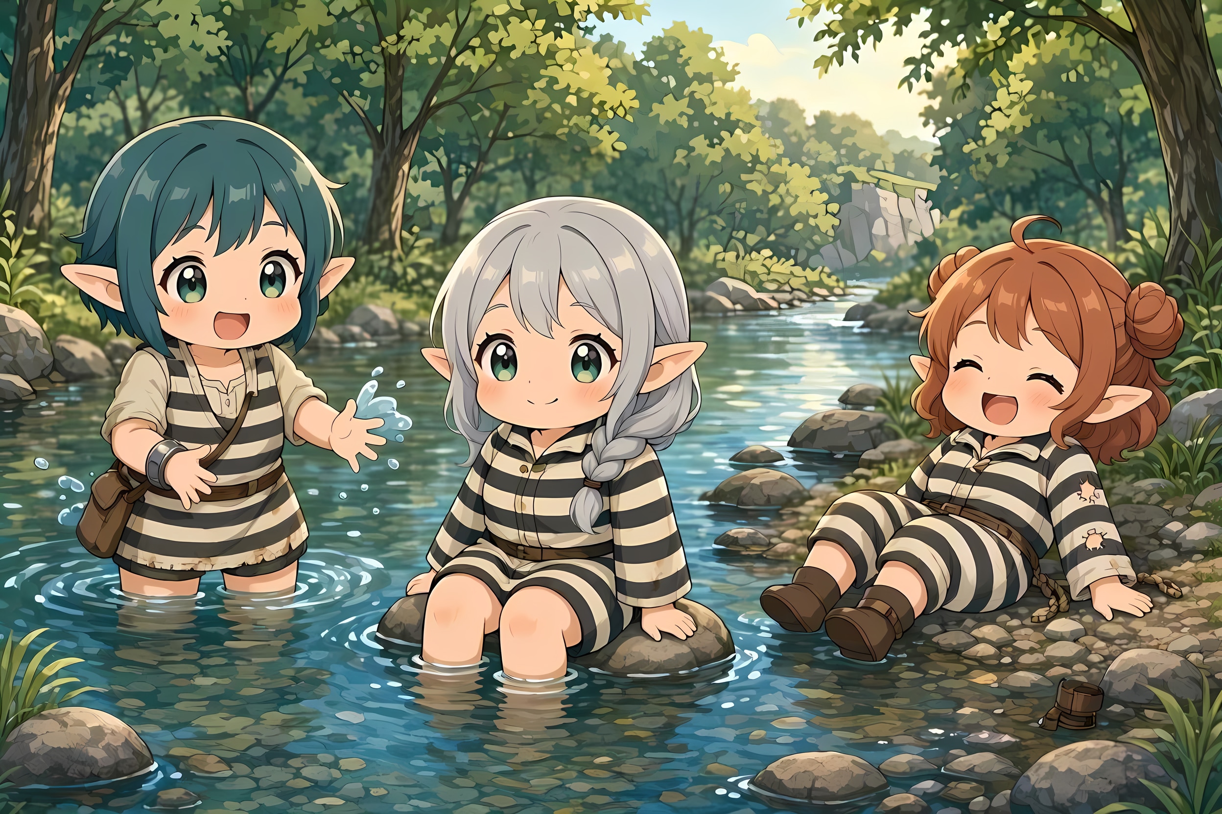 【サマーバ刑ション４】エルフ女子刑務所、今日は特別に川遊びを許可するって（水彩画風）（新AIプラットフォームテスト）