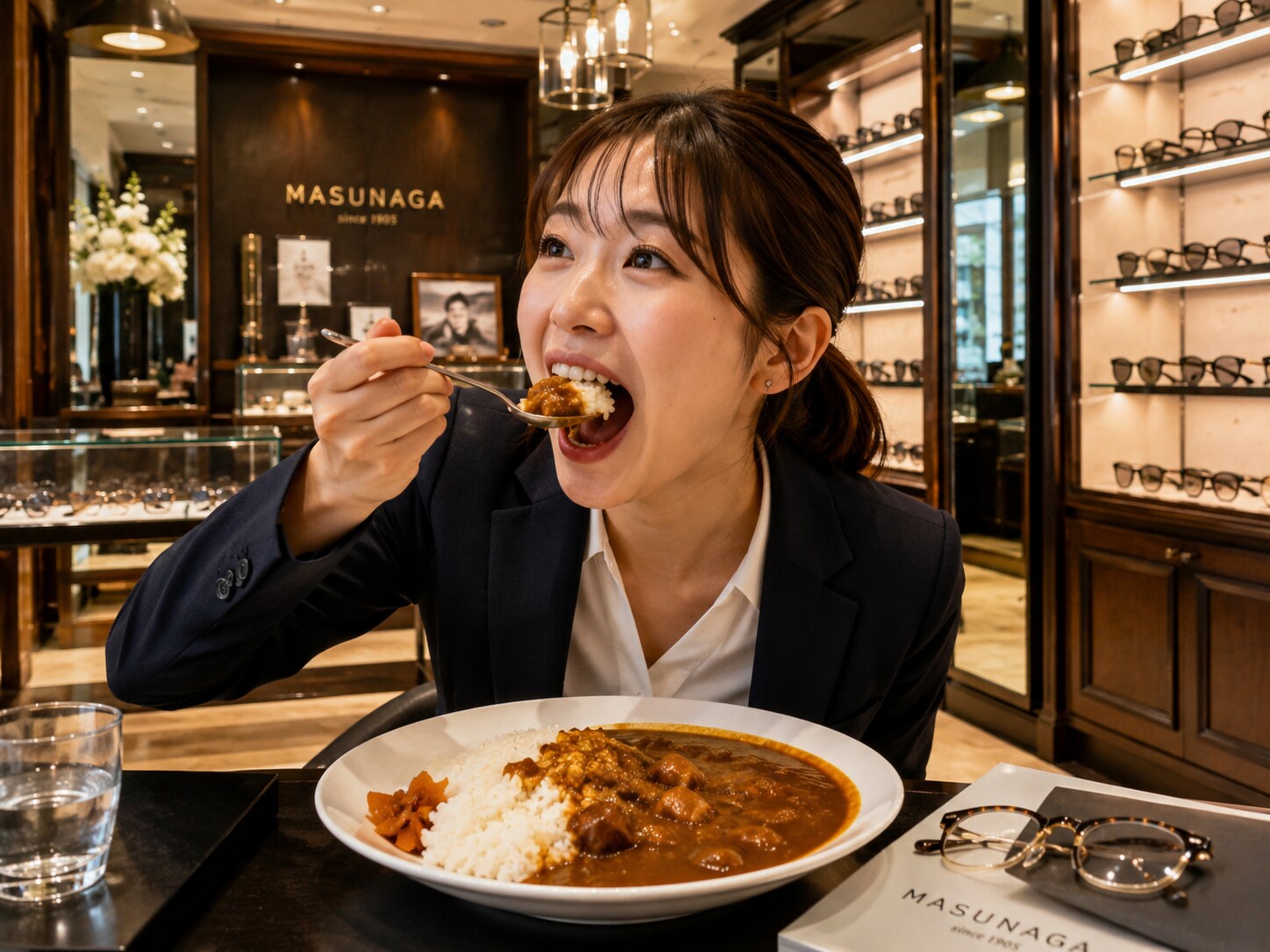 メガネ屋の女性店員は休憩時間にカレーをがっつく