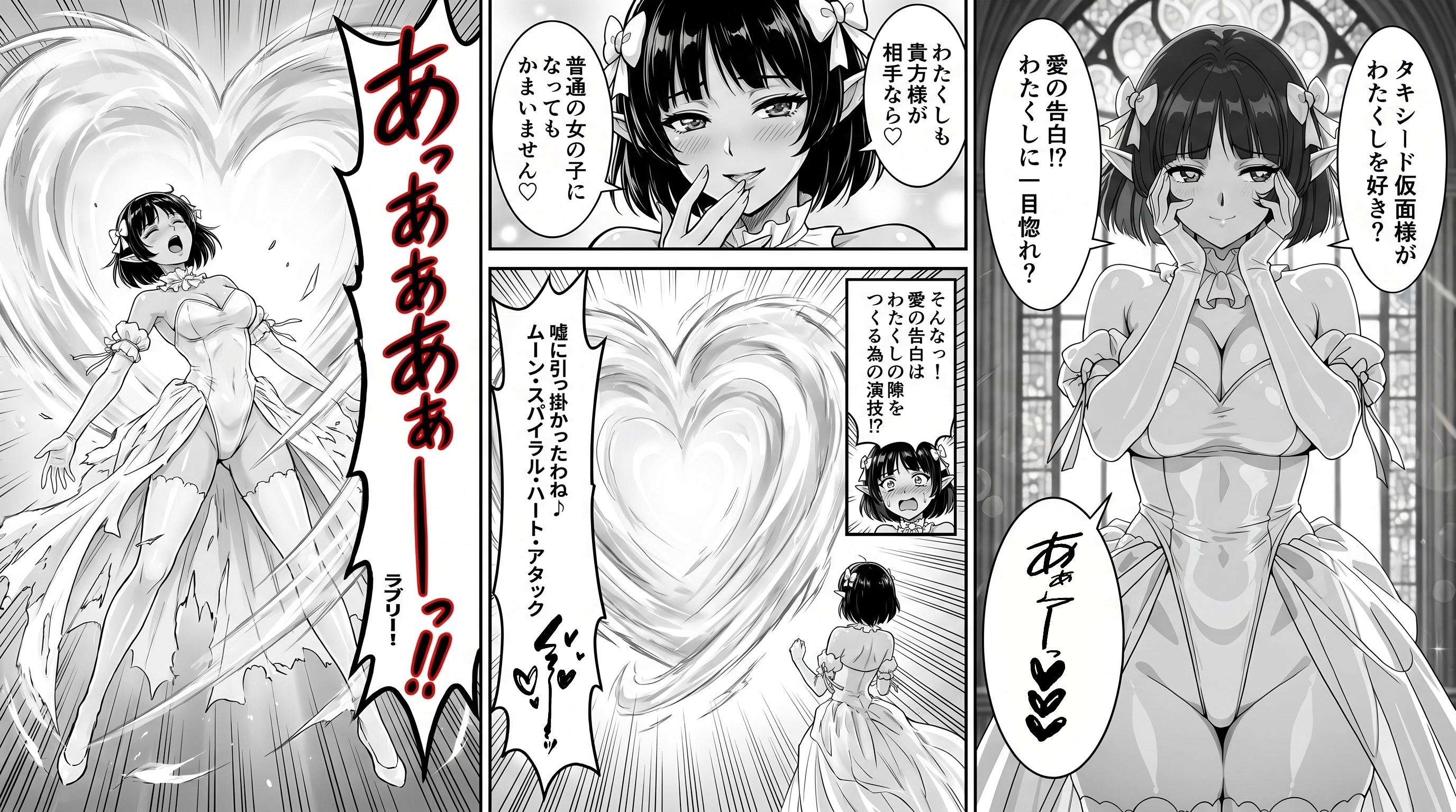 悪の乙女の純情をもてあそぶ💦非情の偽告白！？・・戦闘中、てれ💕てれ💕になったのが致命的な隙になり倒される哀れな女怪人ちゃん💦（3ページ合体漫画）