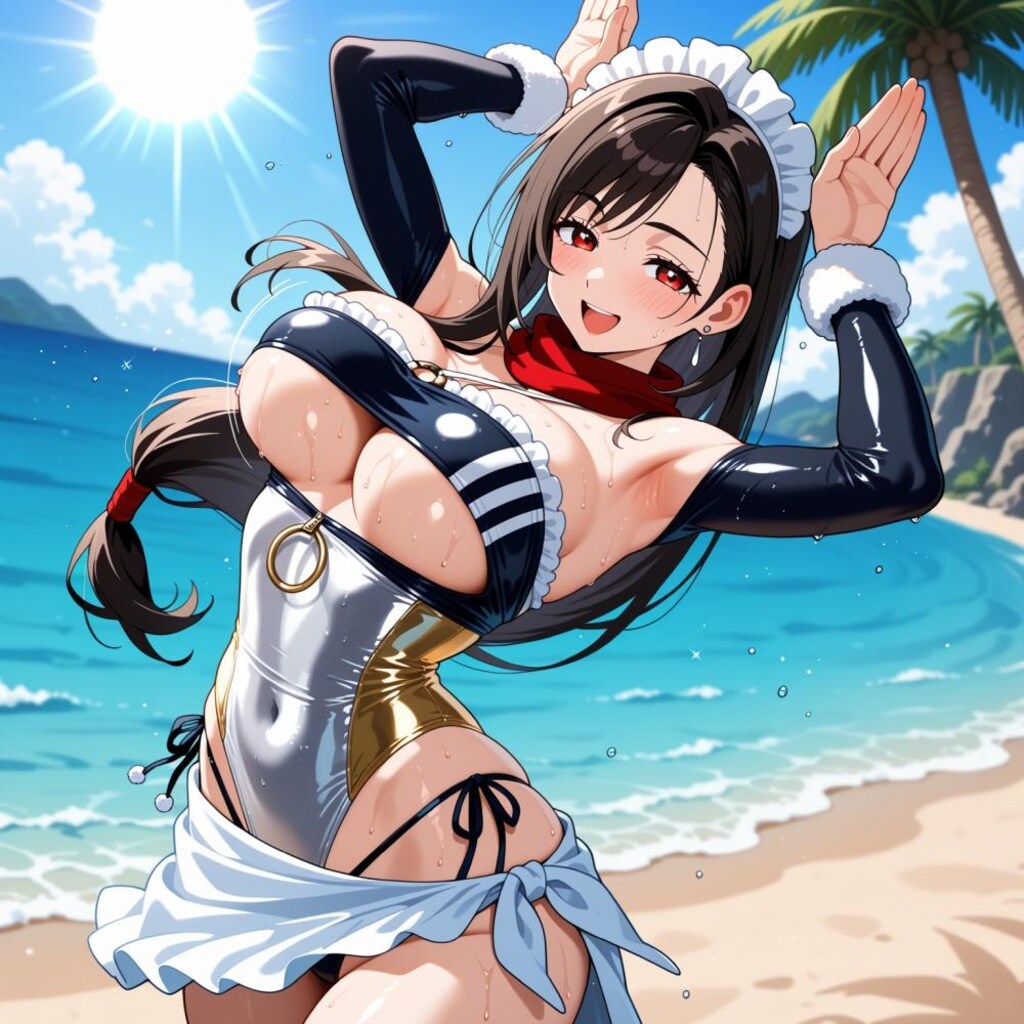夏のビーチで踊る水着コスプレ人妻
