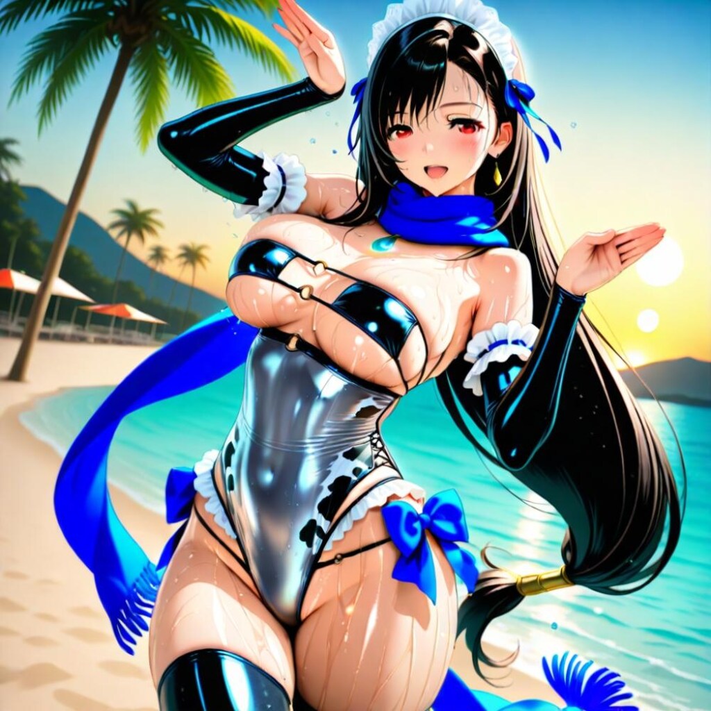 夏のビーチで踊る水着コスプレ人妻