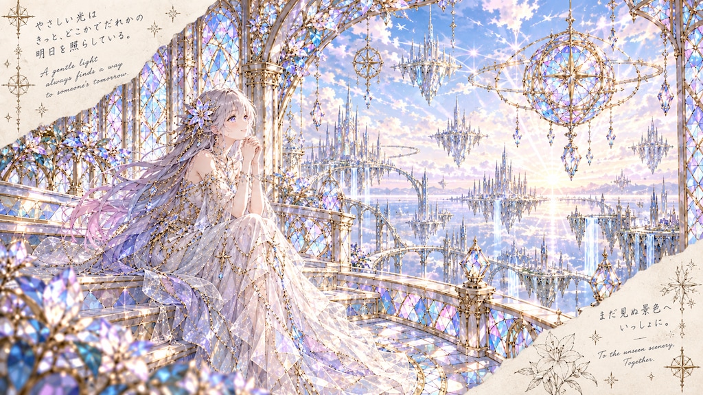 A crystal butterfly drifting toward an open hand, a whole sky kingdom of waterfalls and spires unfol