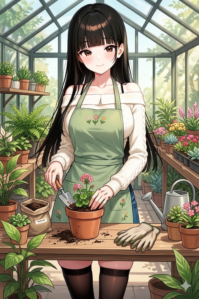 温室でガーデニングするサキちゃん | の人気AIイラスト・グラビア