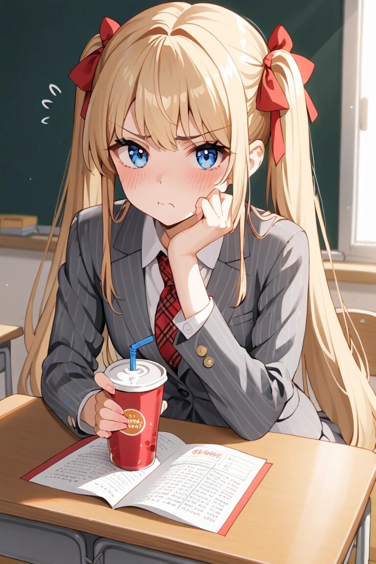 ジュースを飲む金髪ツインテ女子高生🥺