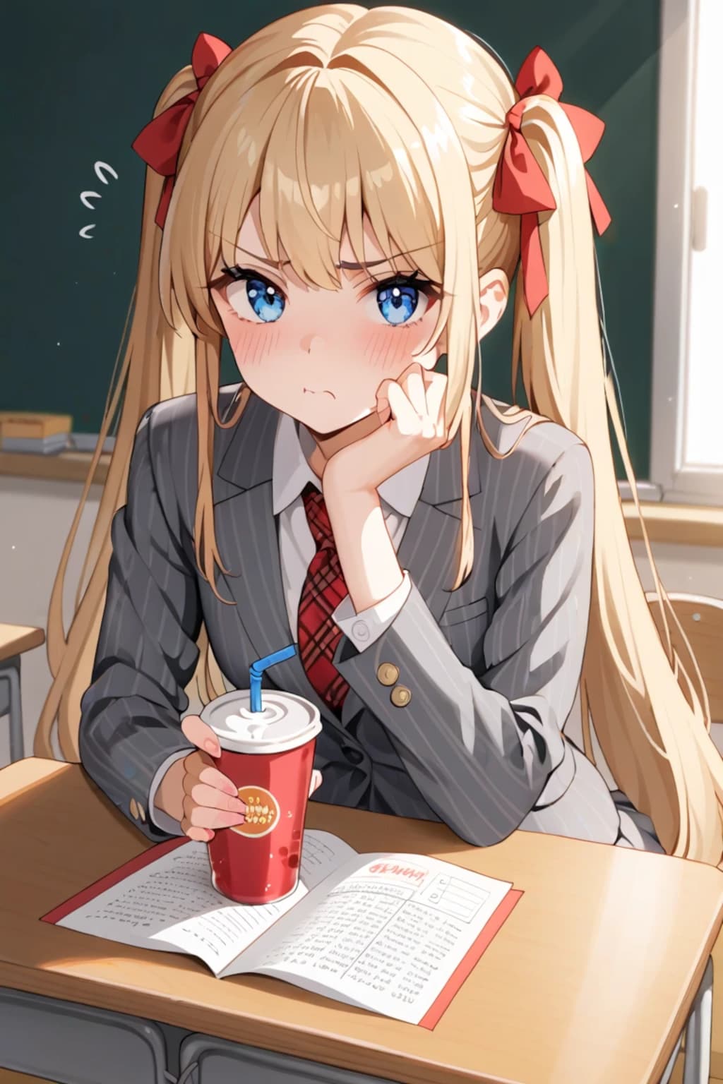 ジュースを飲む金髪ツインテ女子高生🥺