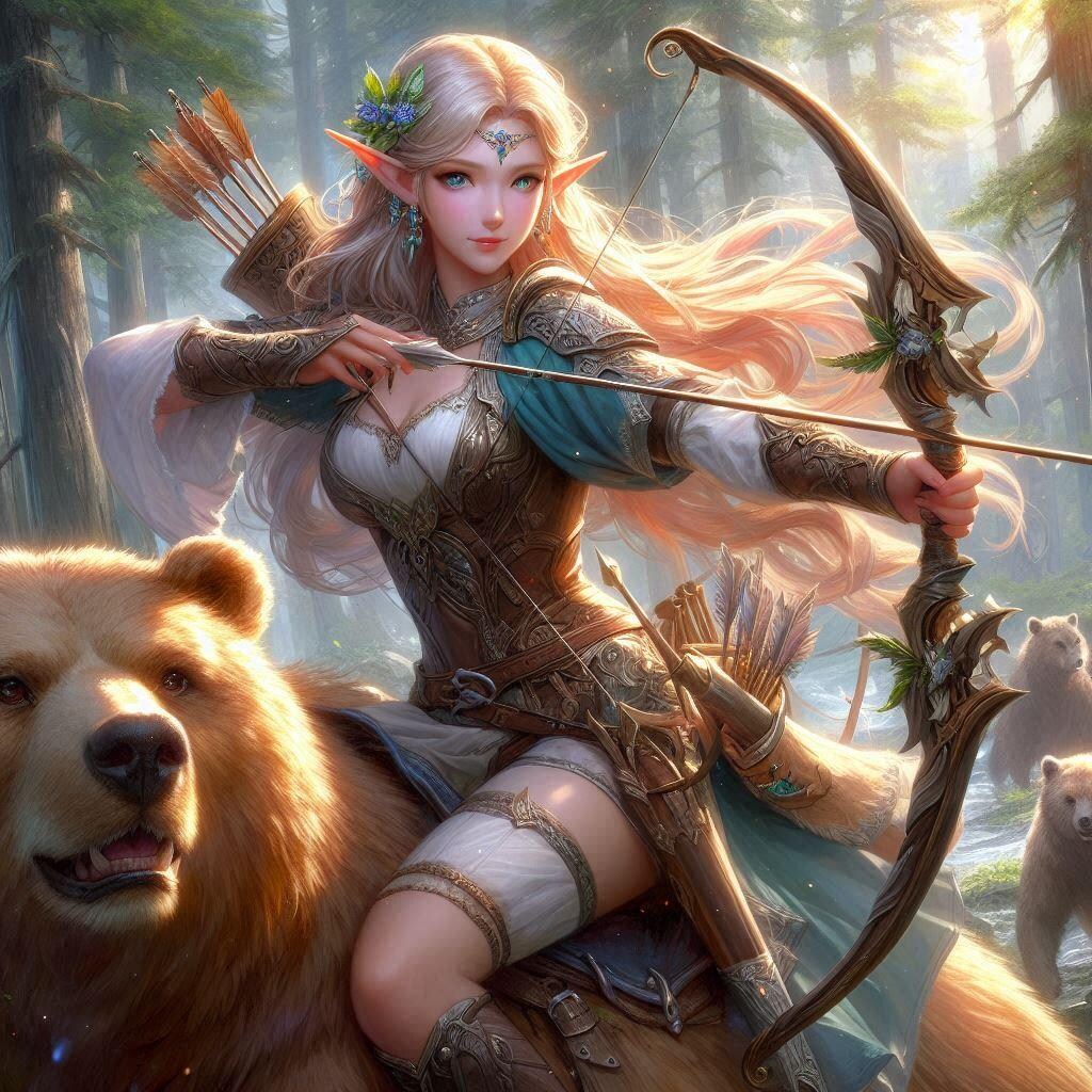 熊に乗ってパトロール中のエルフの姫様