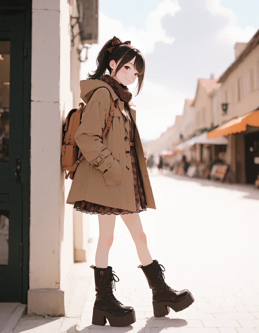 茶色コーデのポニテちゃん