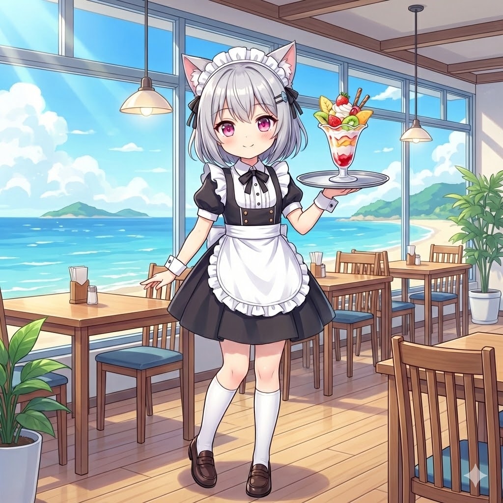 海の見えるレストランで働く猫耳メイドさん