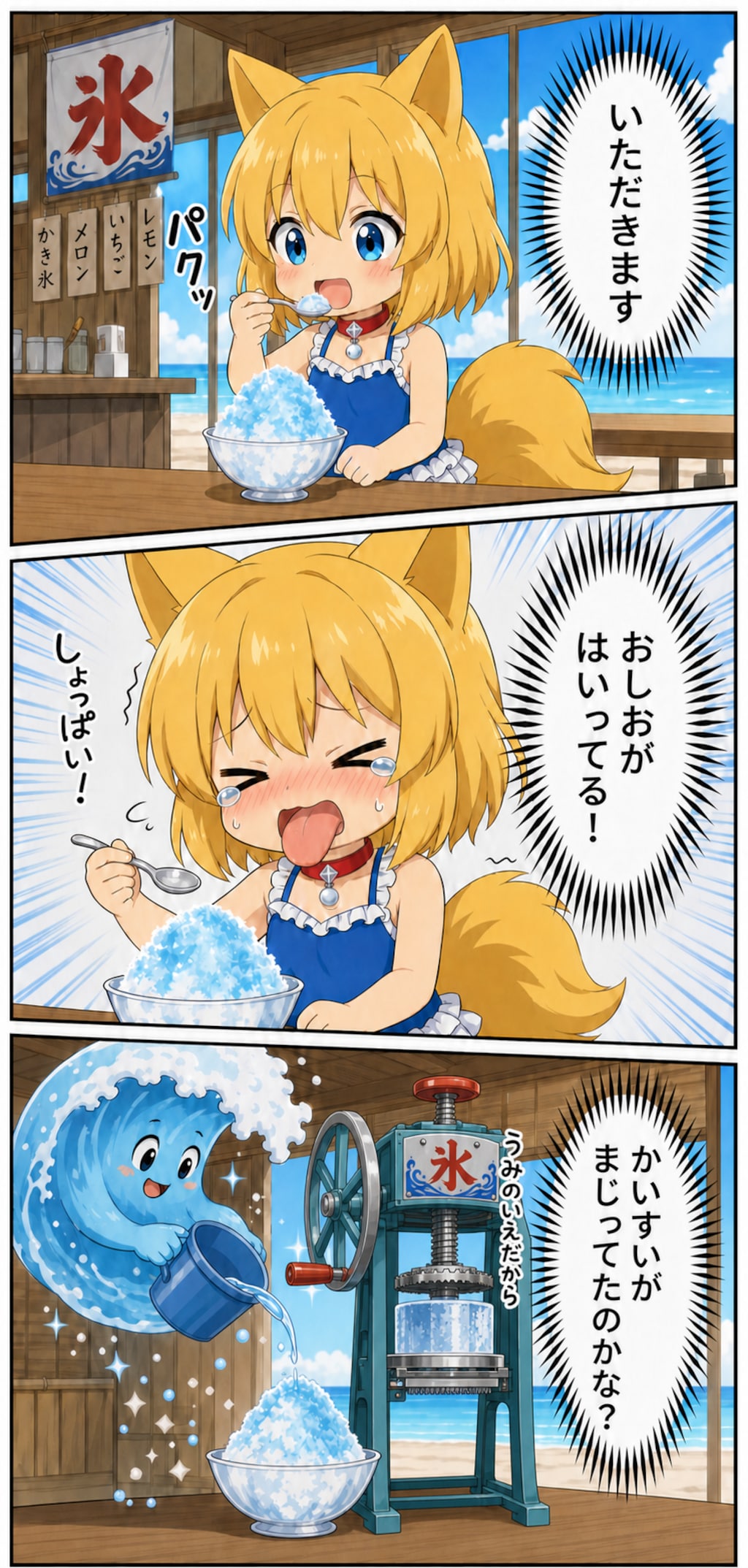 海の家でかき氷を食べるキツネ