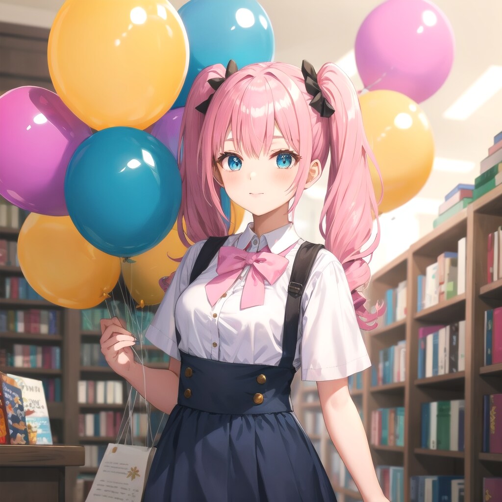 本屋さんでいっぱい風船を持つピンク髪ツインテールの美女店員さん