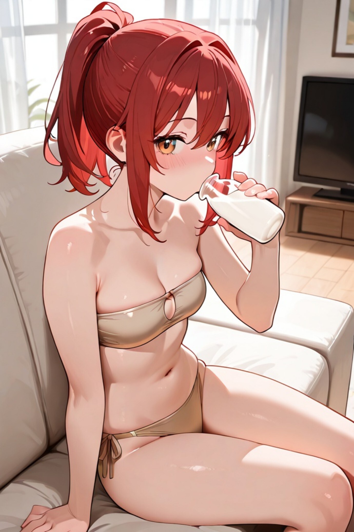 牛乳を飲む水着の赤髪ちゃん