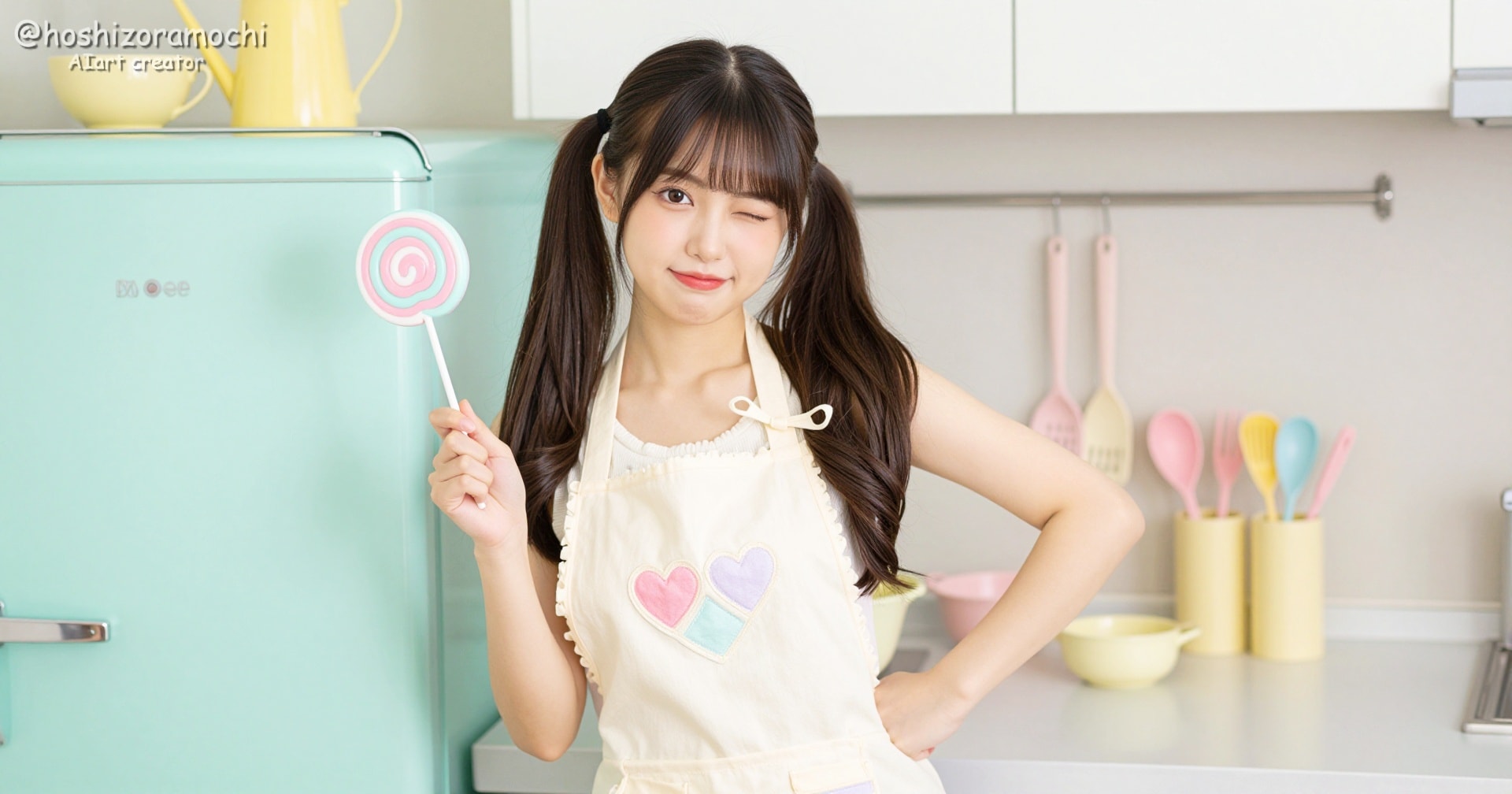 甘い魔法のキッチンへようこそ🍭いたずらっぽくウインクするエプロン女子✨
