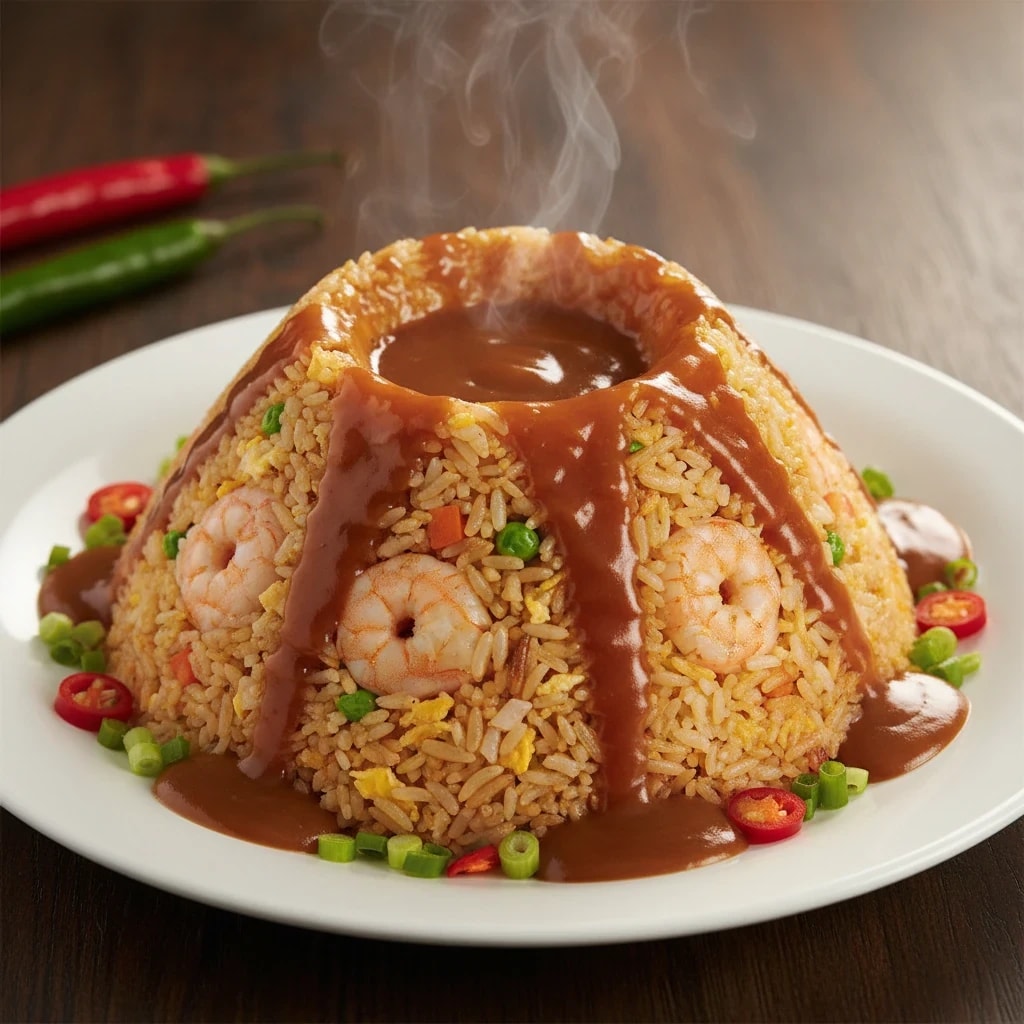 エビチャーハンのカレーがけ火山仕立て