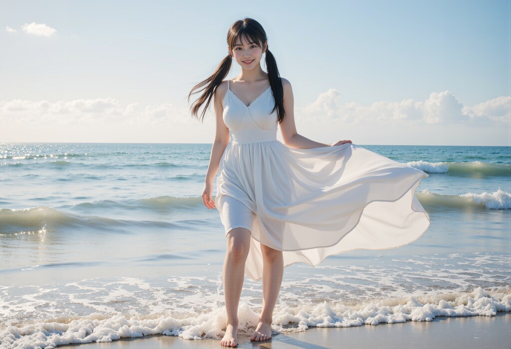 海辺のツインテールの女の子