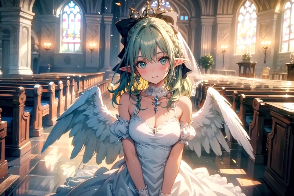 【習作】緑髪エルフ族の天使・ウェディングドレス編