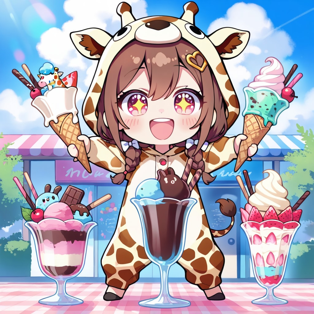 アイスクリームとキリン着ぐるみちび子ちゃん | の人気AIイラスト・グラビア
