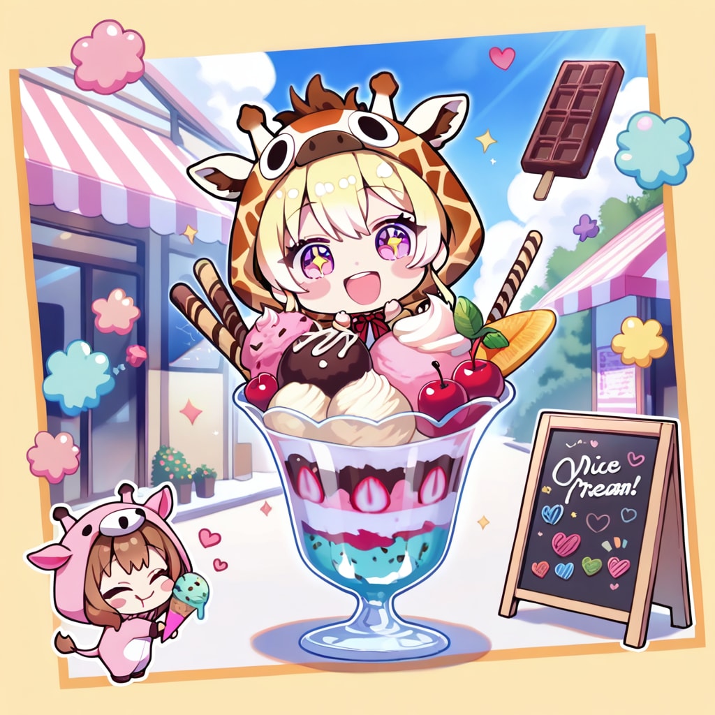 アイスクリームとキリン着ぐるみちび子ちゃん