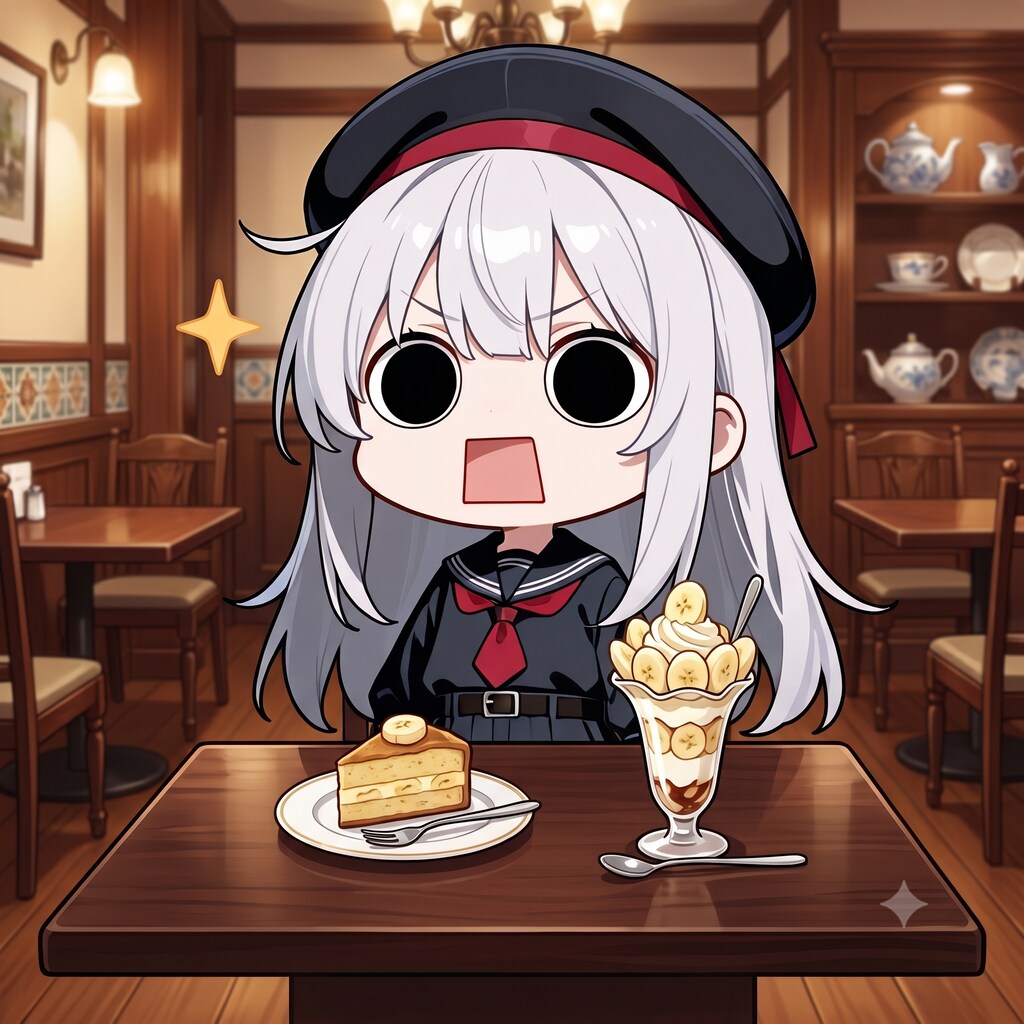 バナナ洋菓子を頂くえらいこっちゃ嬢