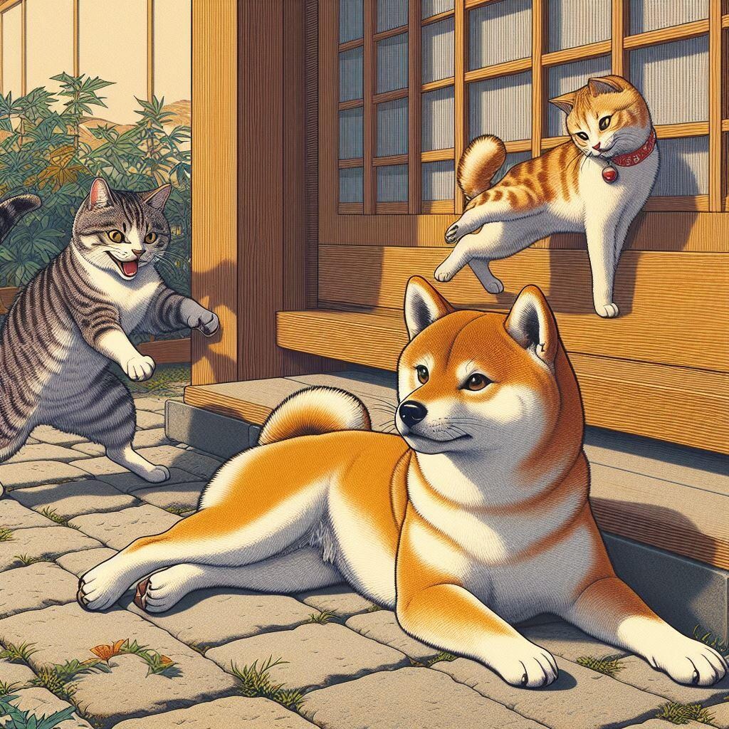まとふどな犬ふみつけて猫の恋