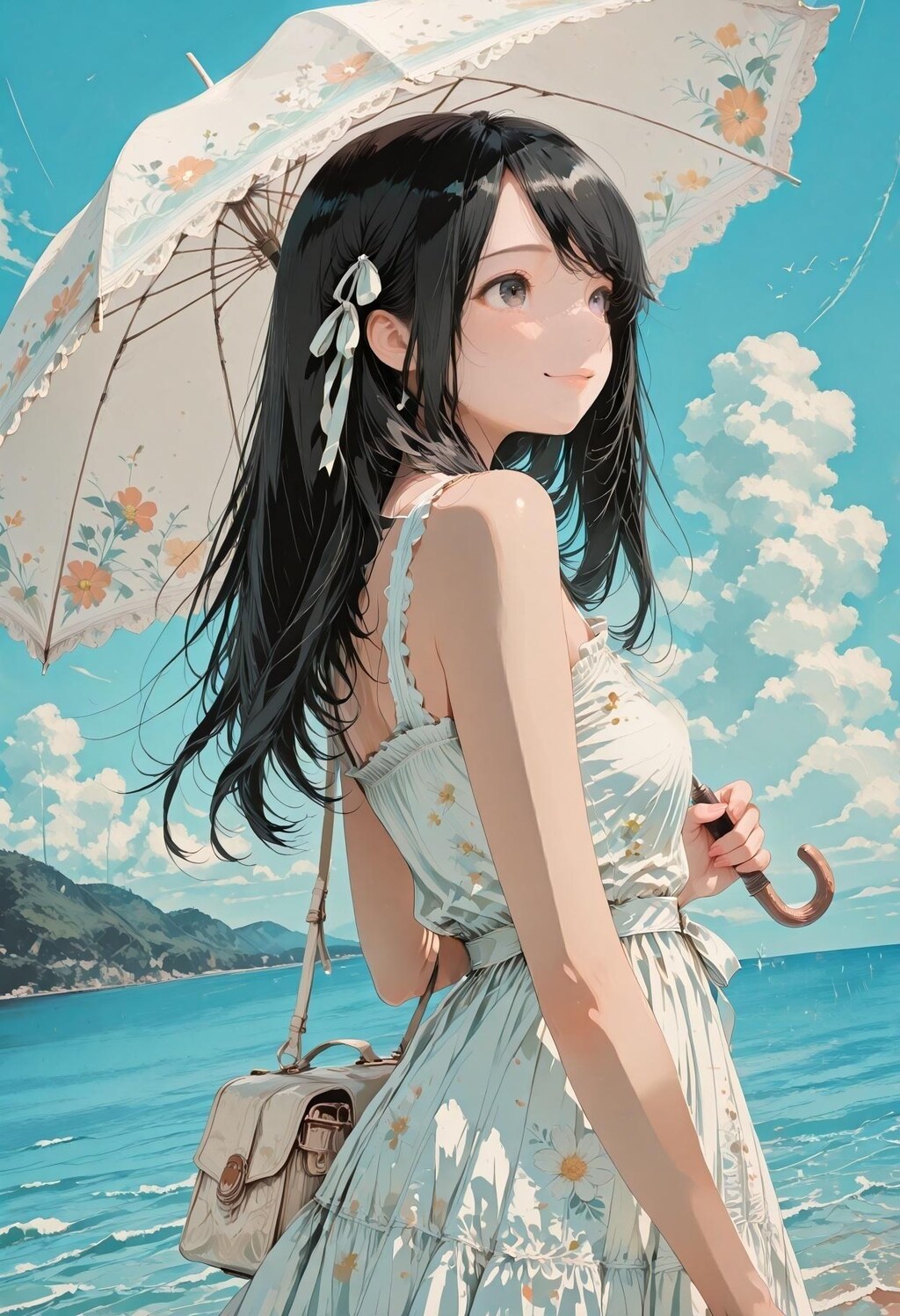 夏の海を訪れた少女