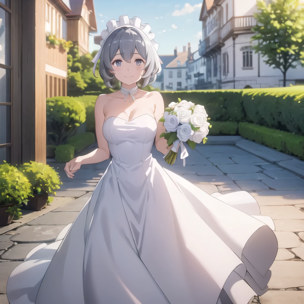 灰髪ボブでウェディングドレスの少女