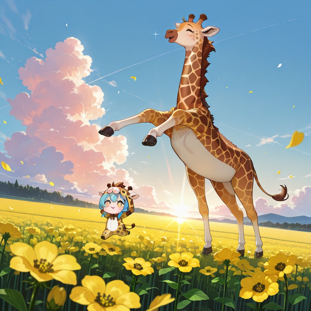 お花畑を楽しそうに歩くキリン着ぐるみちび子ちゃん