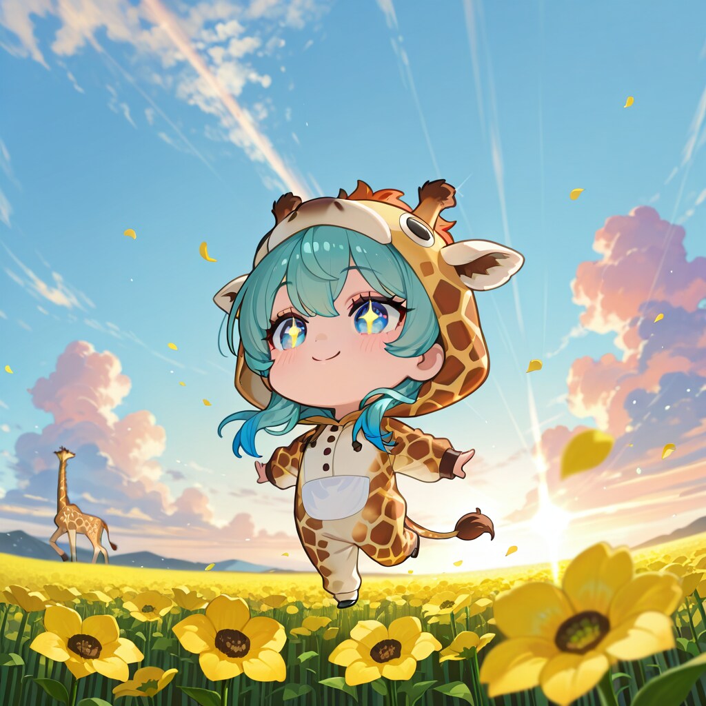 お花畑を楽しそうに歩くキリン着ぐるみちび子ちゃん | の人気AIイラスト・グラビア