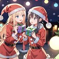 サンタクロースの衣装を着て、クリスマスプレゼントを配っている女の子達 2枚目