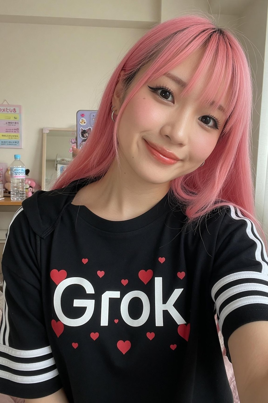 ピンクヘアのGrok Tシャツ自撮り