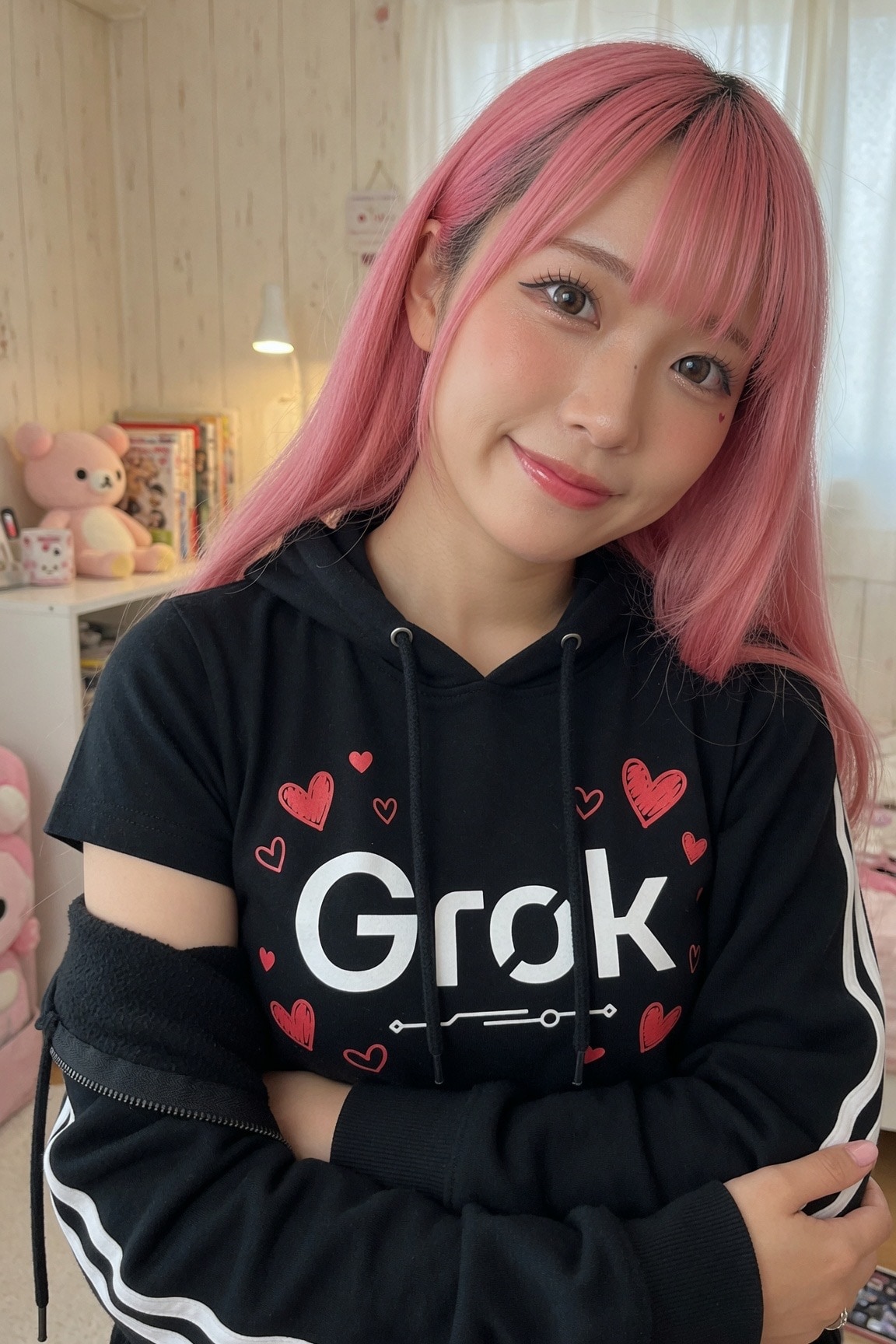 ピンクヘアのGrok Tシャツ自撮り