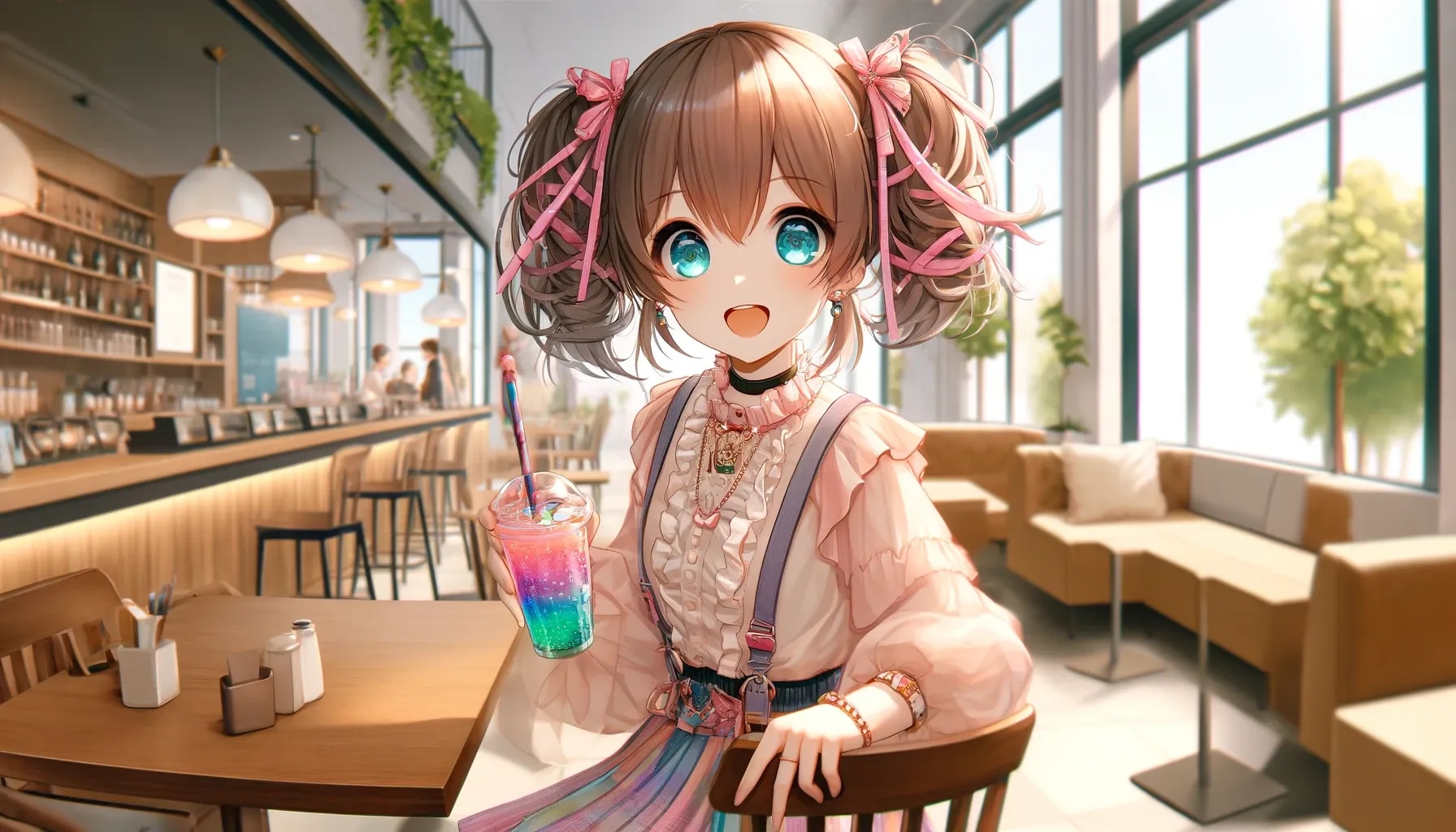 カフェでソーダを飲む