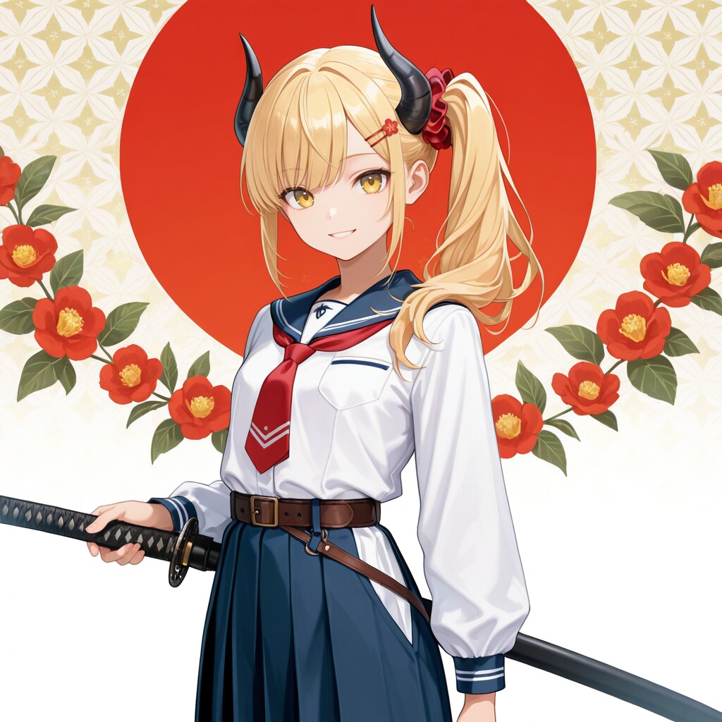 花背景と刀と女鬼高生さん