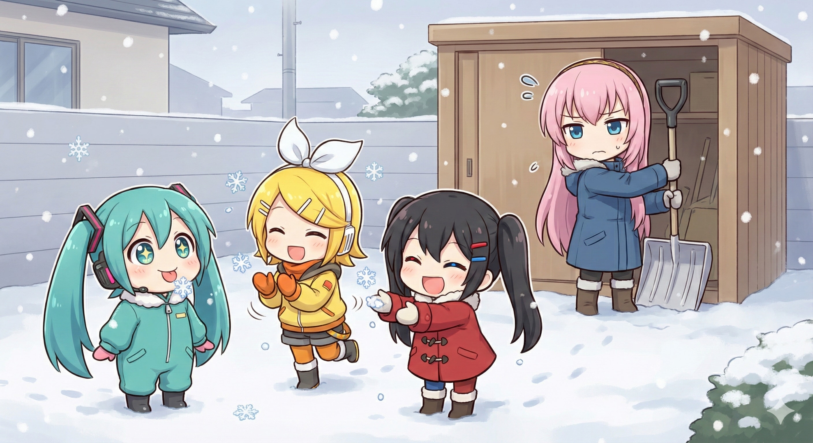 雪に喜ぶミクちゃん達と心配するルカさん⛄️ | の人気AIイラスト・グラビア