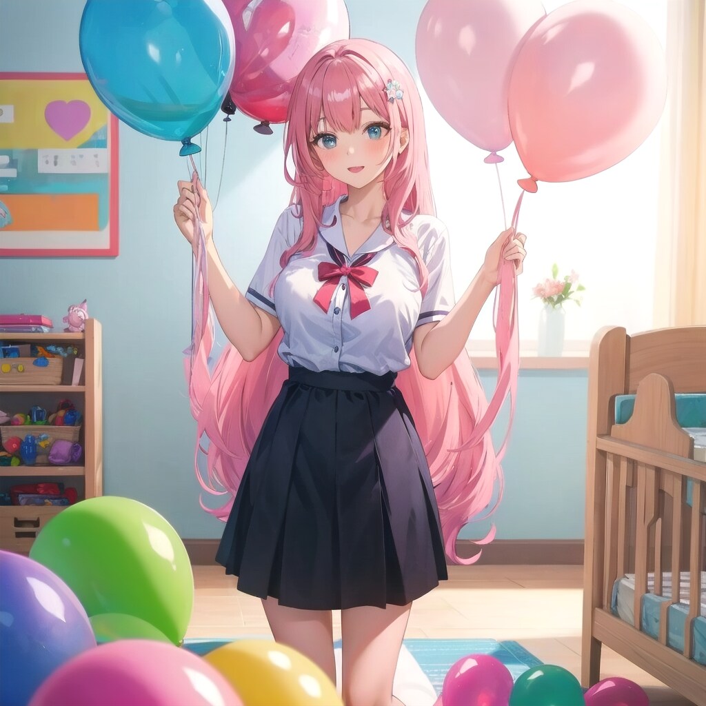 保育園でいっぱい風船を持つピンク髪ロングの美女先生