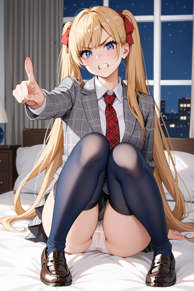 ベッドで指差しパンツ見せ黒ニーハイJK