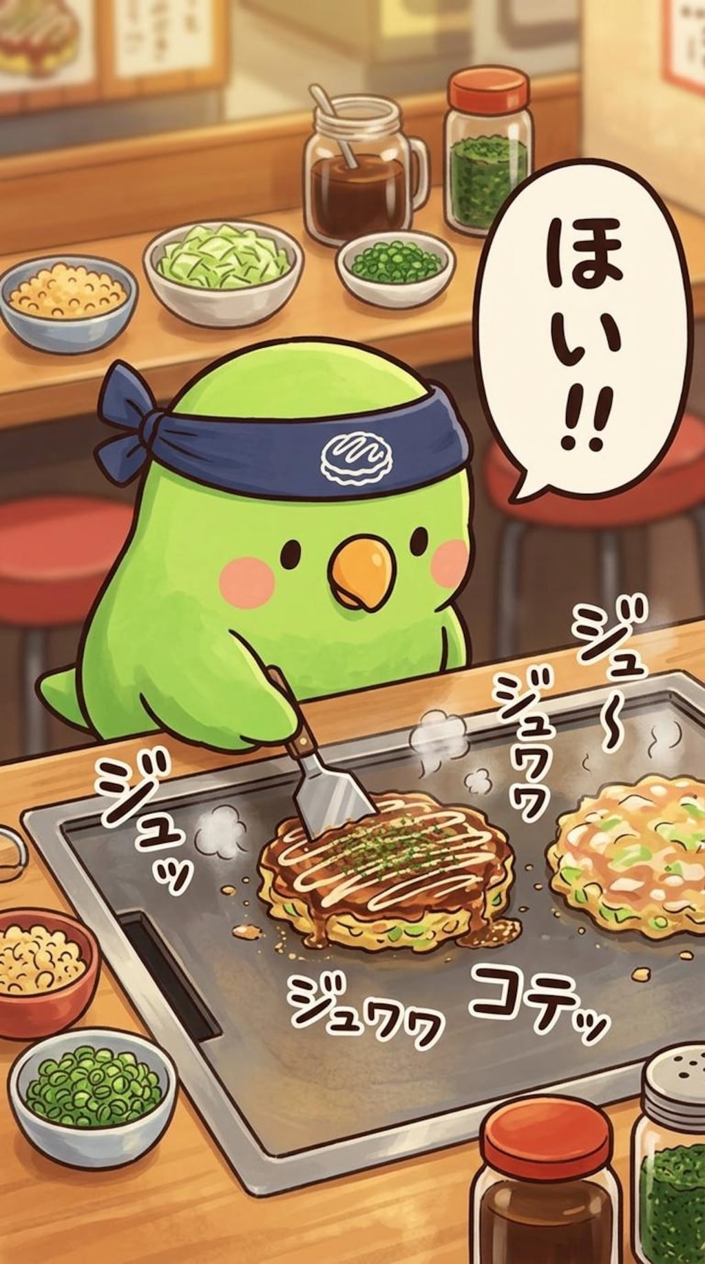 お好み焼きを作るインコ