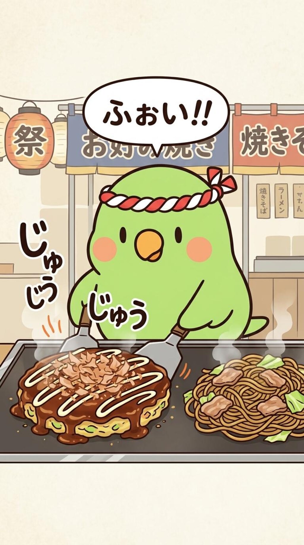 お好み焼きを作るインコ