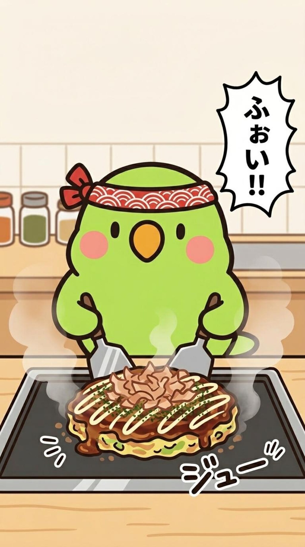 お好み焼きを作るインコ