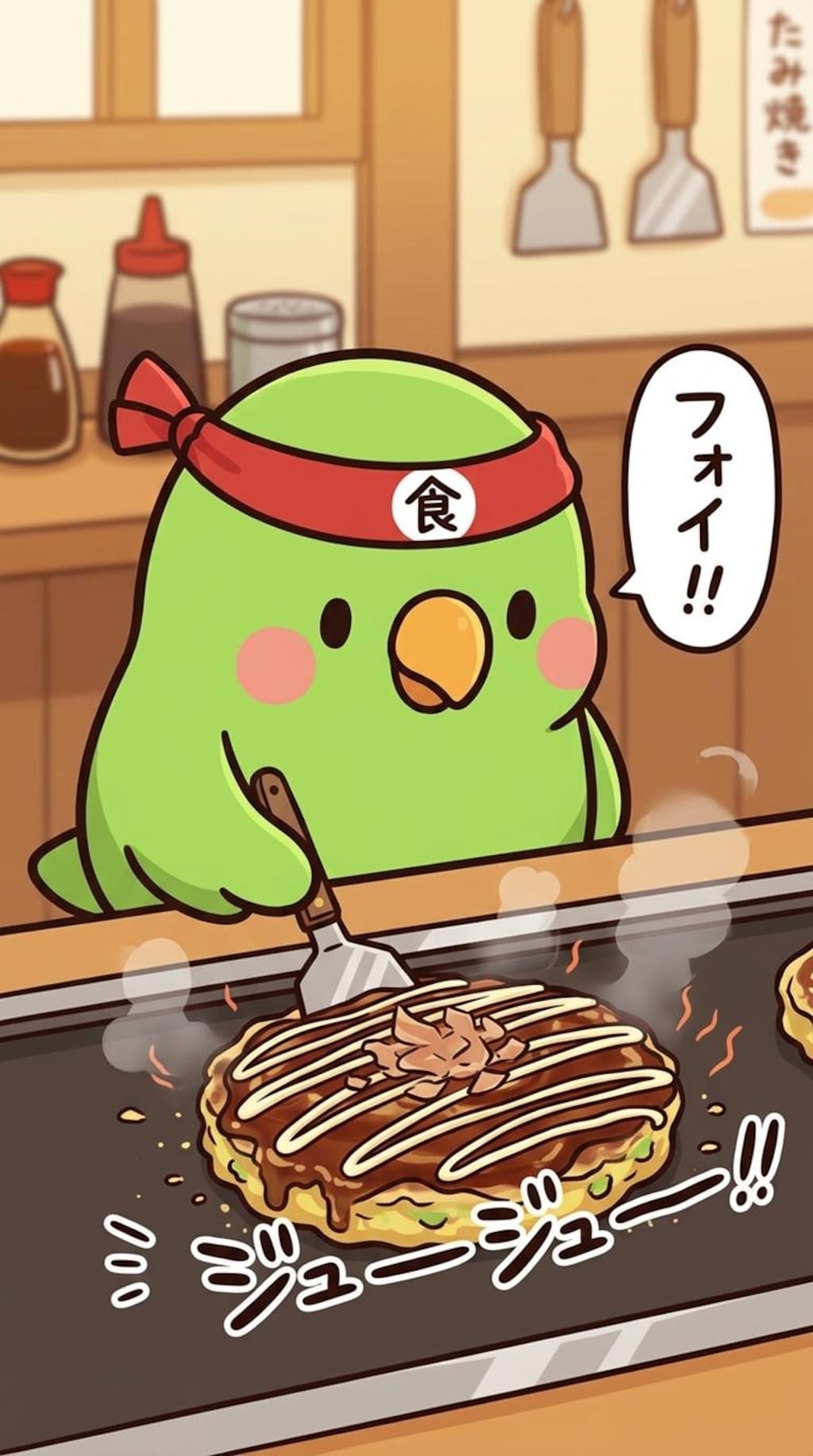 お好み焼きを作るインコ