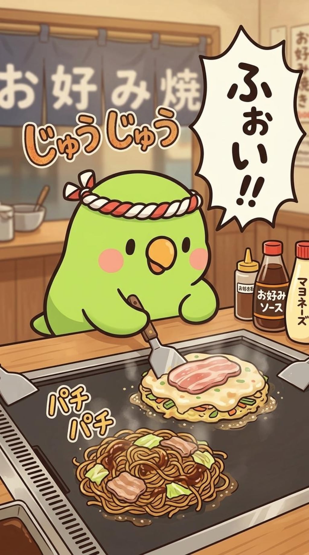 お好み焼きを作るインコ