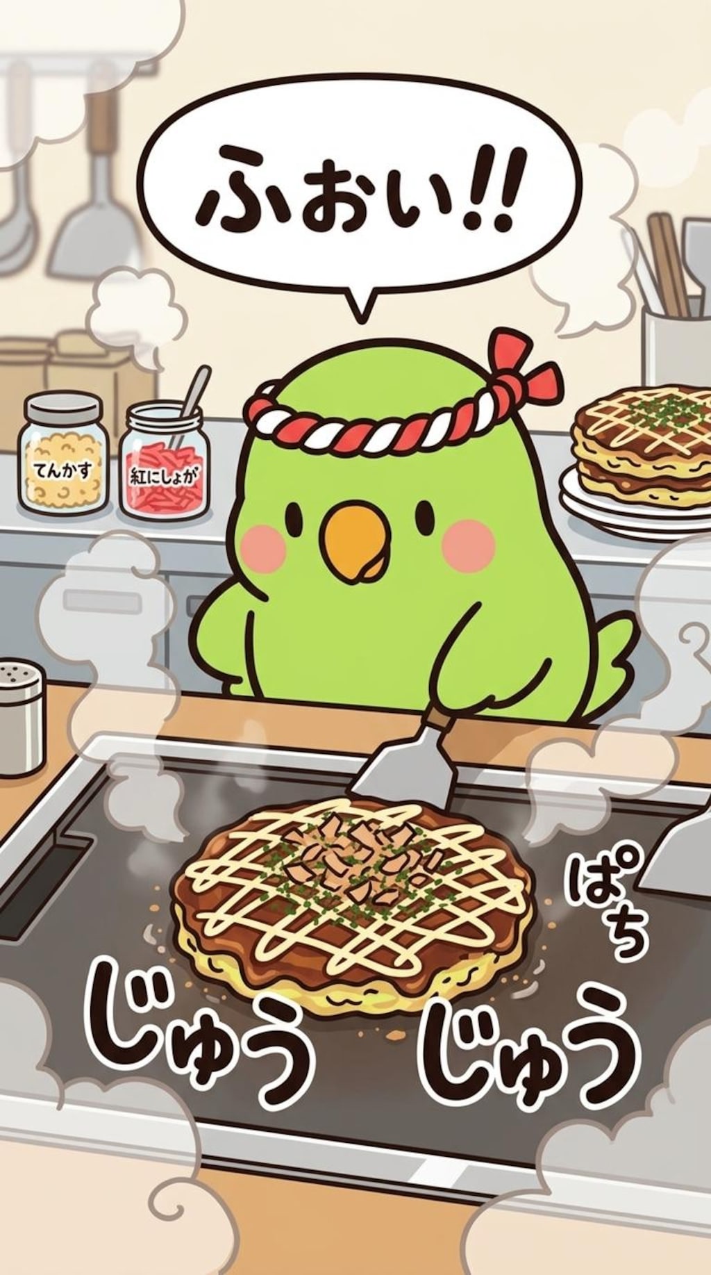 お好み焼きを作るインコ