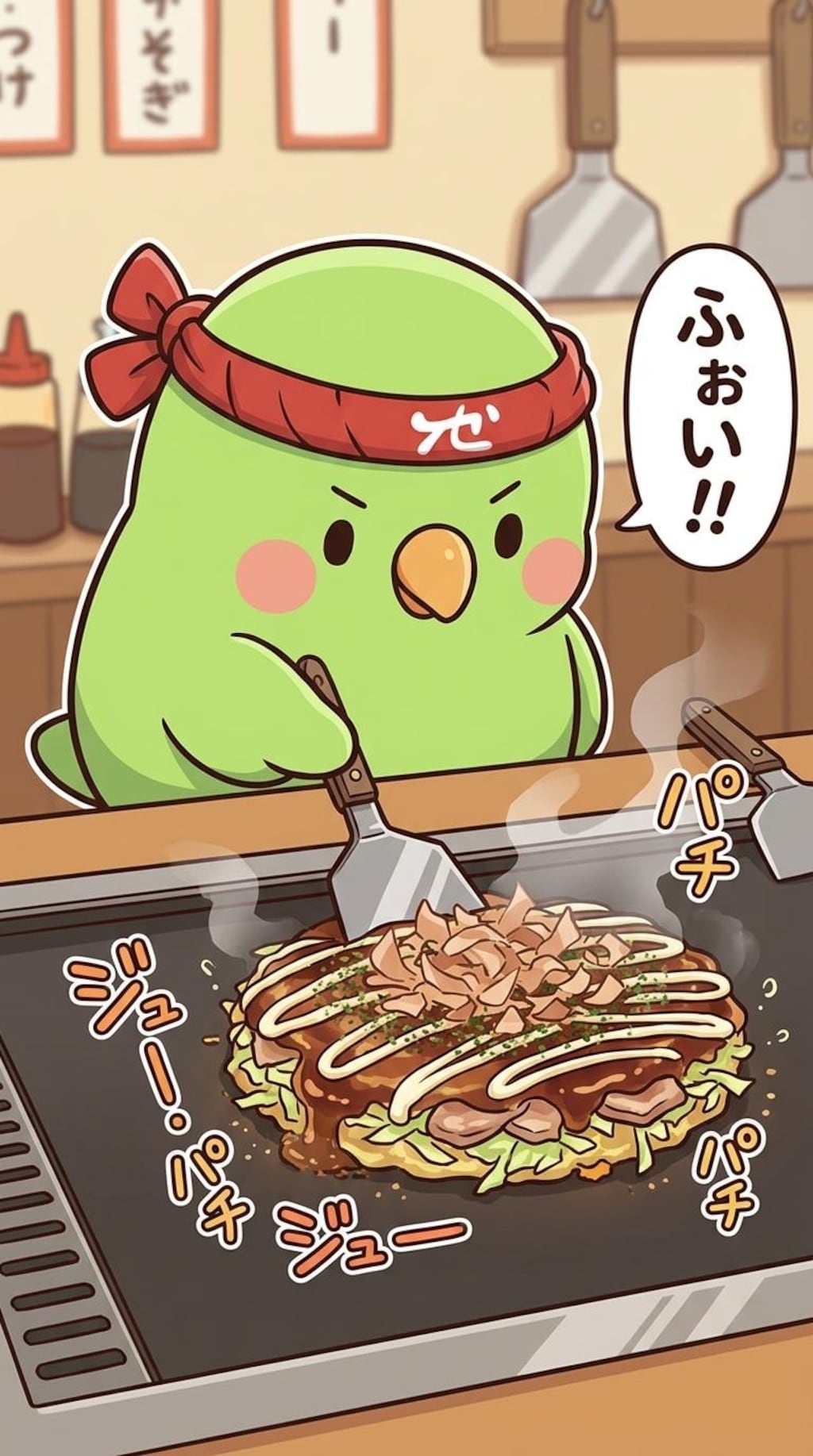 お好み焼きを作るインコ