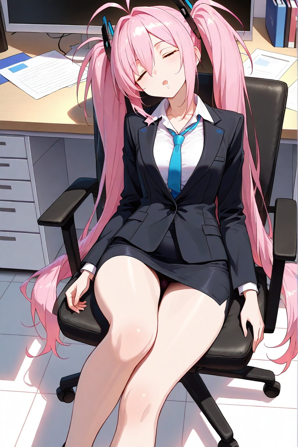 居眠りする新人社員のピンクツインテちゃん